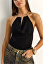 Women's Black Halter Neck Blouse with Metal Accessories 2307 60286131 - 5