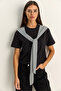 Women's Black Striped Shawl Detailed Relaxed Basic T-Shirt 7679 60286112