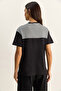 Women's Black Striped Shawl Detailed Relaxed Basic T-Shirt 7679 60286112 - 6