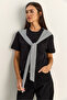 Women's Black Striped Shawl Detailed Relaxed Basic T-Shirt 7679 60286112 - 2