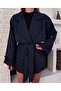Windbreaker Detailed Front and Back Belted Short Trench Coat Dark Navy Blue - 2