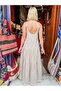 Beige Color Gingham Patterned Strappy Bohemian Dress - 4