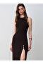 90255 Accessory Detailed Slit Knitwear Dress - Dark Brown - 3