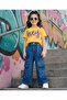 Knit Short Sleeves Text Printed Top & Stretchable Denim Pants Set-Yellow & Blue - 2