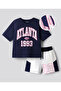 Cotton Elastane Knit Half Sleeves Oversized T-Shirt & Shorts Set Text Graphic - Navy Blue & White - 2
