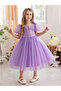 Girl Solid Puff Sleeve Lace Top Mesh Party Dress - 5