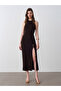 90255 Accessory Detailed Slit Knitwear Dress - Dark Brown - 4