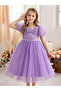 Girl Solid Puff Sleeve Lace Top Mesh Party Dress - 2