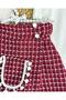 Collar Detailed Burgundy Tweed Shorts Skirt Blouse Set - 6