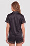 Black Lace Detailed Satin Shorts Woven Pajama Set - 3
