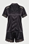 Black Lace Detailed Satin Shorts Woven Pajama Set - 8