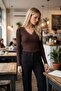 Women's Coffee V-Neck Soft Textured Lace Collar Long Sleeve Blouse Arm-26K001028 - 3