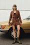 Women's Brown Oversize Jacket with Drawstring Waist and Tie Arm-26Y001082 - 2