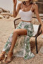 New Season Women's Rope Strap Round Neck Short Viscose Blouse and Patterned Slit Single Jersey Skirt Double Set - 2