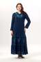 Long Sleeve Venice Embroidered Şile Fabric Authentic Long Dress Navy Blue Lcvt