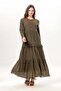 Long Sleeve Zeynep Crew Neck Embroidered Long Voile Dress Khaki Hk - 5