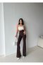 Women's Brown Color Spanish Leg High Waist Gathering Stretchy Plain Leggings with Shiny Stone Detail - 5