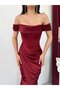 Burgundy Boat Neck Slit Long Satin Evening Dress - 3
