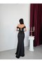 Black Boat Neck Slit Long Satin Evening Dress - 6