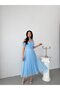 Baby Blue Off-Shoulder Lace Fabric Midi Evening Dress with Scarf Detail - 3