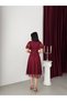 Burgundy Balloon Sleeve Mesh Fabric Midi Evening Dress - 5