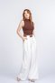Women's Summer Ecru High Waist Fabric Trousers with Belt and Pockets, Comfortable Daily Office Stylish 30359 - 2