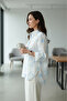 White Oversize Blue Star Embroidered Fold-Up Sleeve Shirt - 2