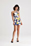 Viscose Elastane Ring Detailed Halter Neck Mini Dress |   Elb36662 Yellow Cobalt Blue Flowered - 2