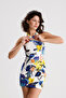 Viscose Elastane Ring Detailed Halter Neck Mini Dress |   Elb36662 Yellow Cobalt Blue Flowered - 3
