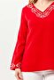 Long Sleeve Nirvana V-Neck Embroidered Summer Muslin Blouse Red Krmz - 3