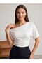 Women's Open-Shoulder Short-Sleeved White T-Shirt with Fitted Waist - 3