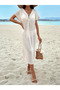 Women's Summer Openwork Knitwear Dress Ecru Lace-Up Beach Dress - 4