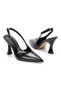 Women's Black Faux Leather Thin Heeled Pointed Toe Open Back Stylish Evening Dress Stilettos - 2