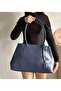 Women's Navy Blue Eda Model Shiny Leather Shoulder Bag with Accessory Detail - Zippered