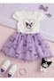 White Girls' Kuromi Printed Tulle Tutu Short Sleeve Dress – Birthday / Special Occasion / Party 3-8 Years