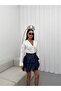 Women's Belted Lace Detailed Mini Denim Skirt Navy Blue - 4