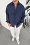 Navy Blue Embroidered Detailed Striped Relaxed Shirt