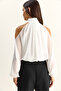 Women's White Off-The-Shoulder High-Neck Lined Chiffon Blouse with Elastic Hem 1020 60286089 - 6