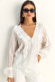 Women's White Ruffle Detailed V-Neck Gipeli Self-Striped Blouse 7659 60286088 - 2