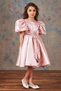 Girl's Balloon Sleeve Stone Stripe Embroidery Belt Detailed Pleated Satin Salmon Evening Dress