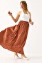 Women's Long Elastic Waist Flared Satin Skirt Copper