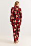 Women's Red Cotton Polo Collar Teddy Bear Printed Polo Collar Pajama Set - 4