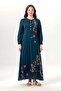 Long Sleeve Spring Buttoned Crew Neck Floral Embroidered Summer Shile Cloth Long Dress Petrol Ptrl