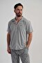 Men's Gray Lyc Suprem Shirt Collar Buttoned Short Sleeve Battal Pajama Top