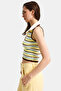 Women's Yellow Striped S6-108 Crop Fit Polo Neck Slim Summer Knitwear Bodysuit - 7