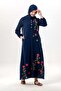 Long Sleeve Spring Buttoned Crew Neck Floral Embroidered Summer Sile Fabric Long Dress Navy Blue Lcvt - 6