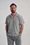 Men's Gray Lyc Suprem Shirt Collar Buttoned Short Sleeve Battal Pajama Top - 3