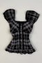 Vintage Plaid Anthracite Black Ruffle Button and Lace Detail Short Sleeve Blouse