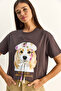 Women's Brown Print and Sequin Detailed Bow Basic T-Shirt 7643 60286115 - 3