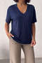 Women's Navy Blue V-Neck Short Sleeve Basic T-Shirt Nj144 - 2
